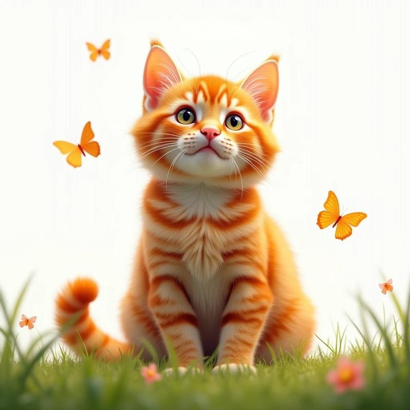 Orange cat beautifup fur with open eyes on grass with white background with butterfly around the cat
