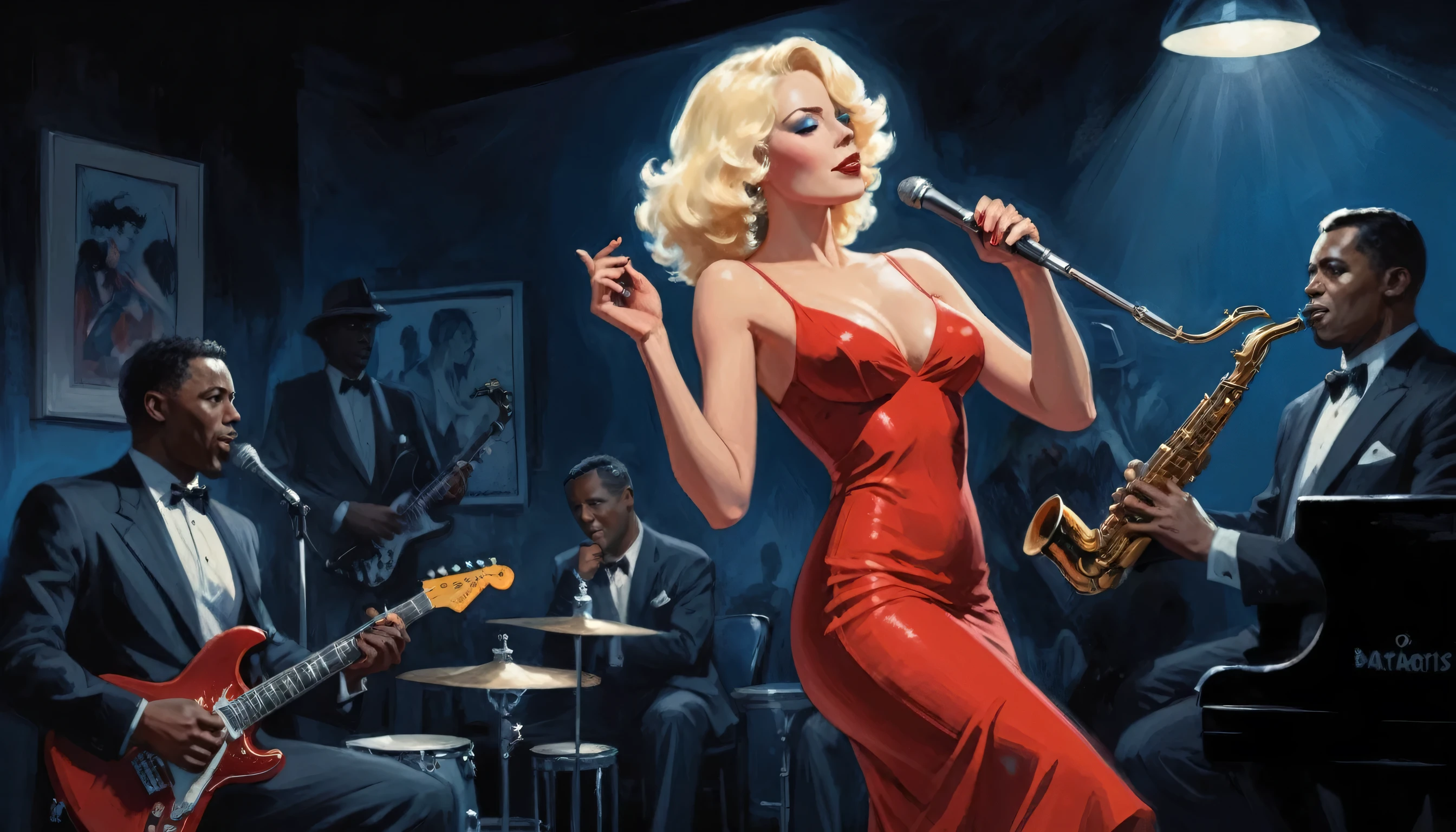 alabama bar, blue note, charismatic, baterist, guitarist, saxophonist, jazz band, red dress, illustration, noir fantasy, singer blonde lady, 