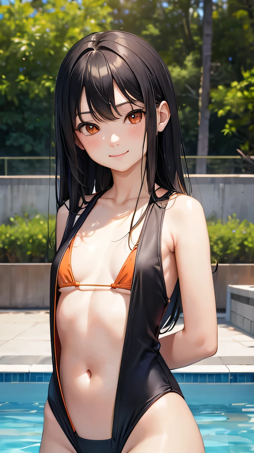 Highest quality、Realistic、girl、、zoom、Orange eyes、Black Hair、Swimwear、slender、Small breasts、Inappropriate smile、Pool、Bust Shot、