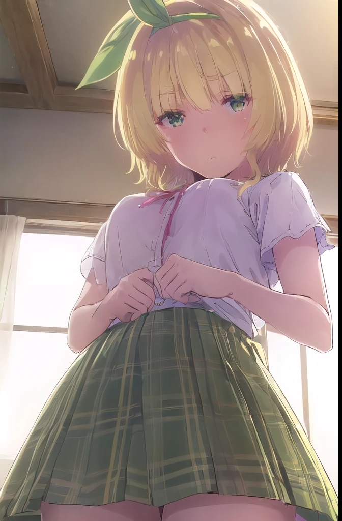 Yuikakoga, Yuika Koga, shorth hair, blond hair, (green eyes:1.3), hair band, hairband, green ribbon,
romper skirt, chemise, , white chemise, Plaid, Plaid skirt, green skirt,
romper indoors, classroom,
romper looking at viewer,
romper (​masterpiece:1.2), best quality, High resolution, Unity 8k Wallpaper, (Illustration:0.8), (Lovely, detailled eyes:1.6), extremely detailed face, perfect lightning, extremely detailed CG, (perfect hands, perfect anatomy),