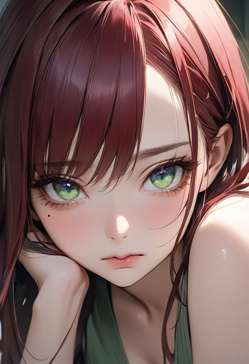 ((best quality)), ((masterpiece)), (detailed), 1girl, dark cherry red hair, long hair that stops at end of breasts, no bangs, dark blue eyes with grey and green tint inside, girl is facing the camera and looks bored. Mole under left eye and one under her right side chin. Mole. Mole under left eye. Mole on her chin. Semi realism. Japanese girl