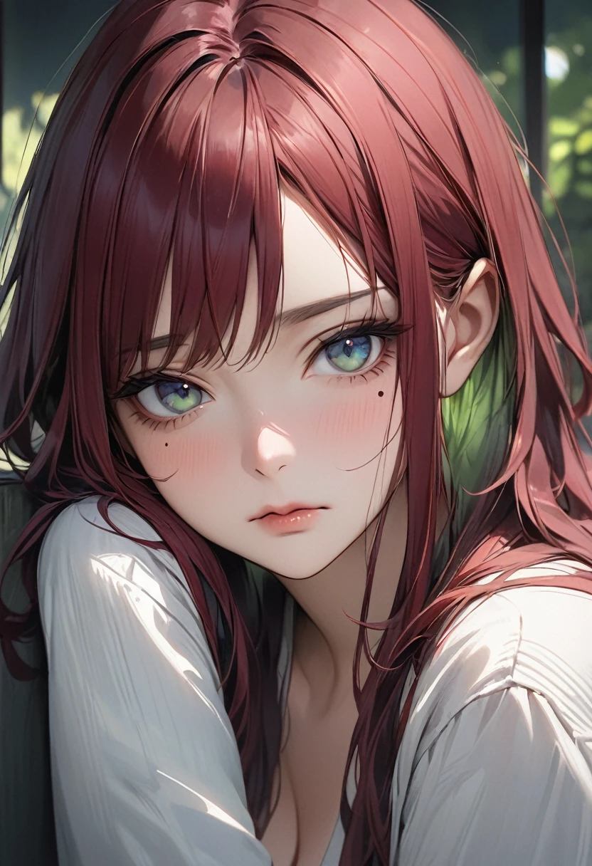 ((Highest quality)), ((masterpiece)), (detailed), One girl, Dark cherry red hair, Long hair that stops at the end of the chest, No bangs, Dark blue eyes with grey and greenish hues, looks bored facing the camera. Mole under left eye and one under her right side chin. Mole. Mole under left eye. Mole on her chin.