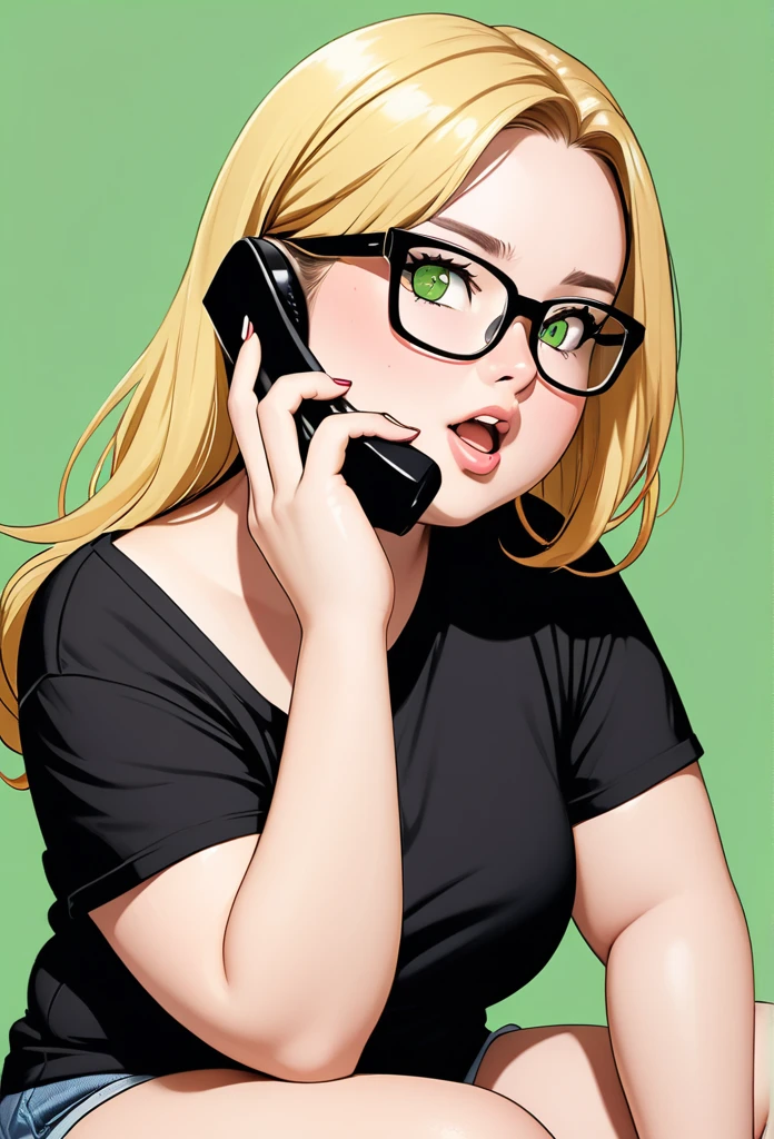 chubby girl, adult girl, blonde, open forehead, no bangs, green eyes, black square-rimmed glasses,
black T-shirt, shorts, talking on the phone