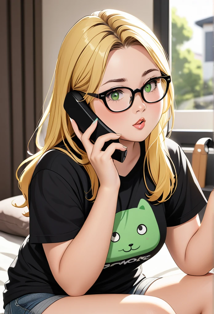 chubby girl, adult girl, blonde, open forehead, no bangs, green eyes, black square-rimmed glasses, 
black T-shirt, shorts, talking on the phone