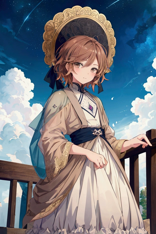(Masterpiece), ((Highest Quality)),(Official Art),Serene landscape:1.2),(1 solo anime boy: 1.3). A cheerful boy with straight and short auburn hair, light brown eyes, and casual yet opulent clothes standing in a 17th century town square. Detailed picture. Detailed eyes. Masculine jaws. Soft fairytale picture book Arthur Rackham. Colorful, best detailed ((super detailed)), (highly detailed 2D anime boy illustration), ((whimsical and beautiful))