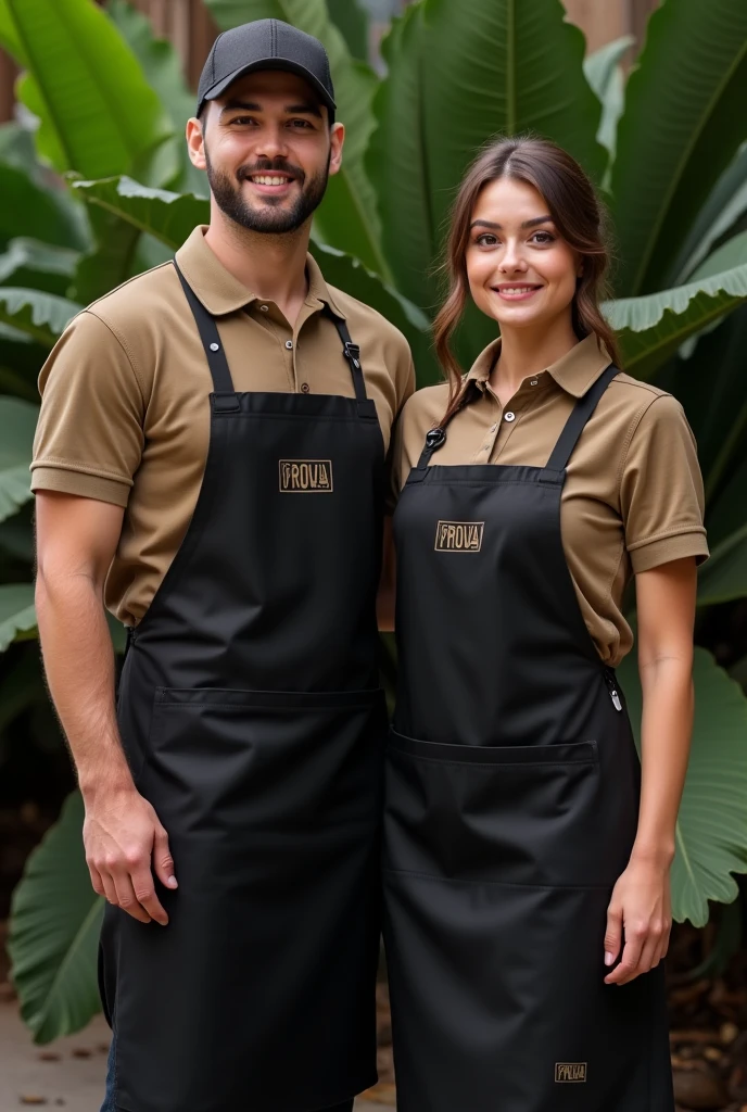 I would like a waiter and waitress in a dark khaki polo shirt, a black apron that only covers the lower part of the body and not the torso so that the polo can be seen completely, with the word "PROVA" written in the "Futura Light" font in the center of the apron, with a background of tropical plants.