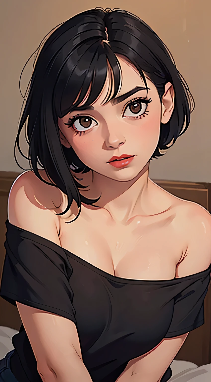 Amazing portrait of a woman who is 30 years old and an adult and a sexy woman with short black hair wearing an oversized off shoulder orange t shirt during night time with soft lighting showcasing her red lips and her beautiful face in detail and close up 