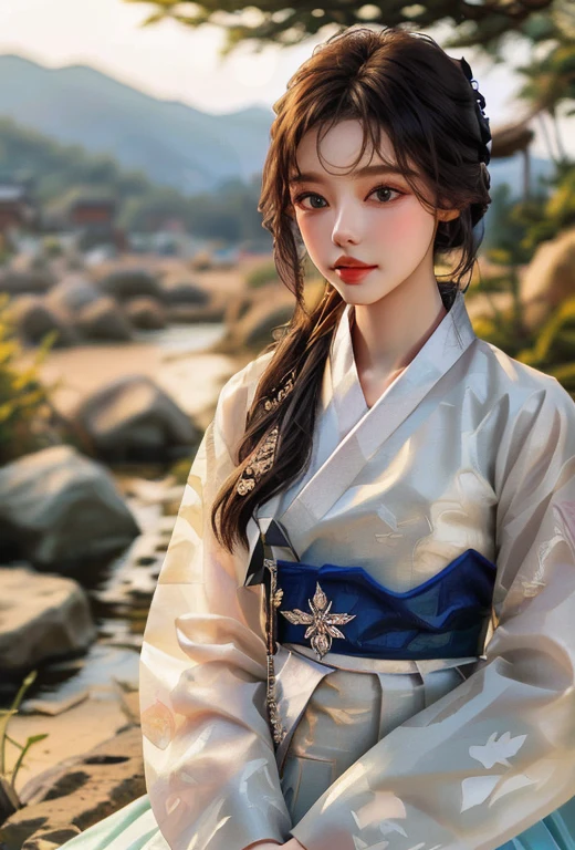 (masterpiece, best quality, very detailed: 1.6), realistic, realistic, (Single, 1 girl, beautiful and delicate eyes: 1.2), ( Wearing a pastel-colored hanbok_Laura:1.35, detailed description ), Close up angle, Wow, attractive, innocence, Outdoor nature blurry background, ultra high definition,