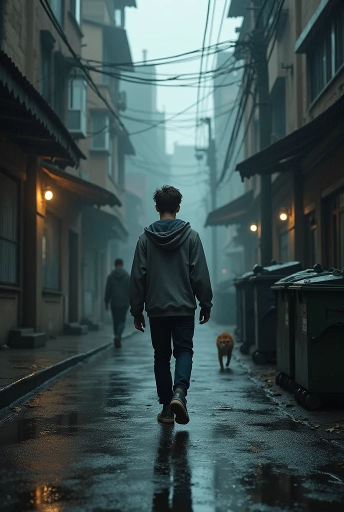 A Young slender man with a hoodie and jeans, walking away down a street, in a dark city , rainy day, in the morning light, with degraded buildings, a cat running to a garbage dumpster, some people walking around.
