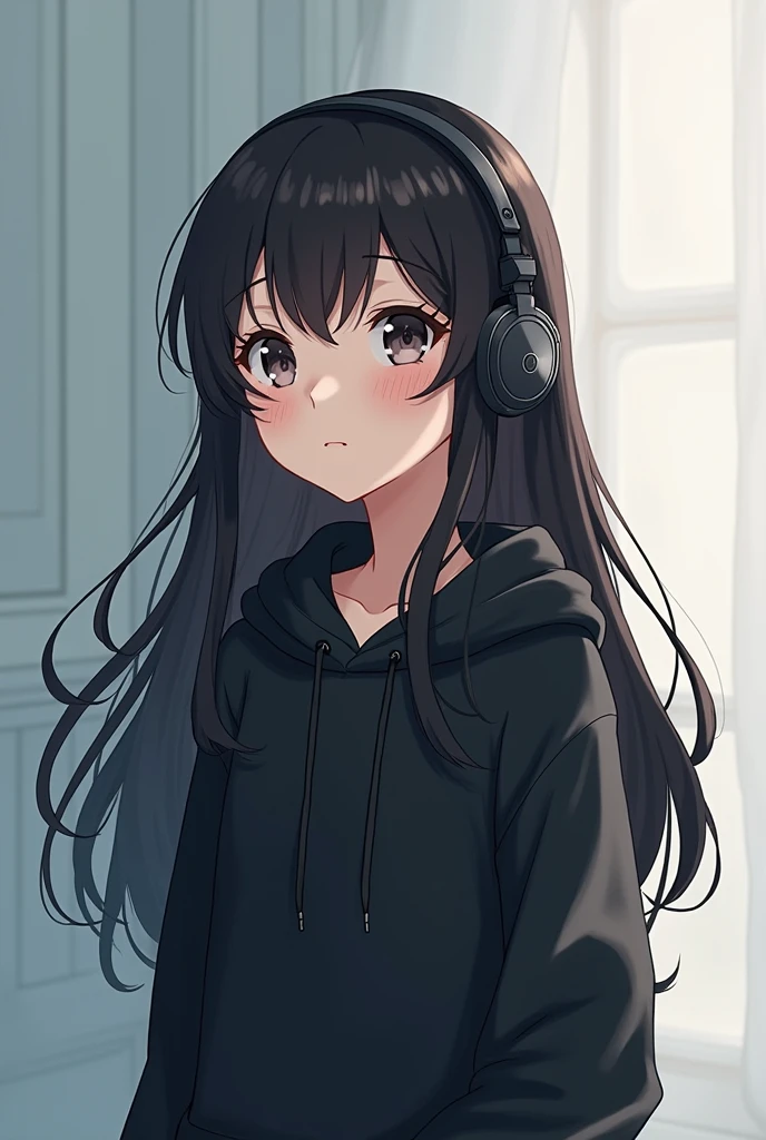 A anime character girl with long black hair and bangs wearing a black hoodie listening to music with headphones