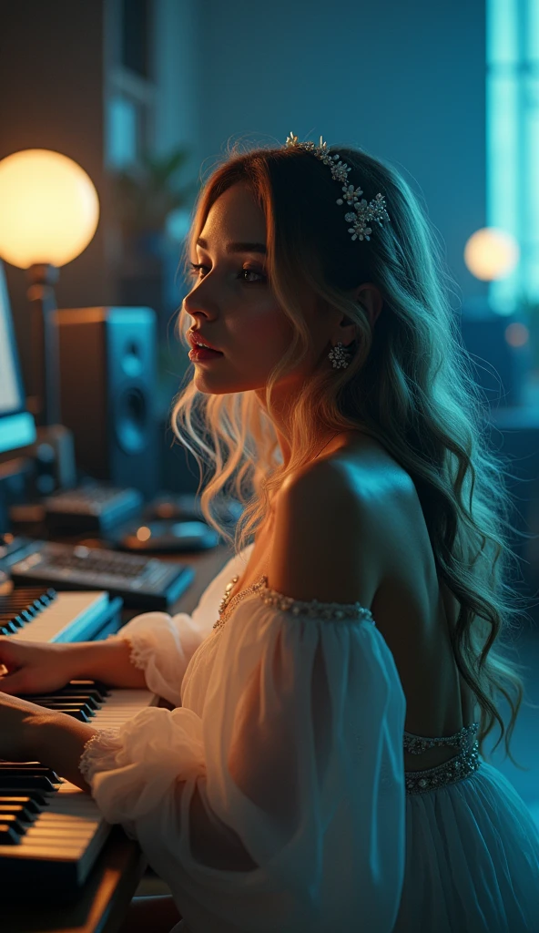 A beautiful female singer in a studio, singing and composing music with the aid of AI, long flowing hair, elegant dress, serene expression, dramatic lighting, cinematic atmosphere, low key color palette, diffused glow, dramatic shadows, highly detailed, award-winning digital art, photorealistic, 8k, best quality, masterpiece