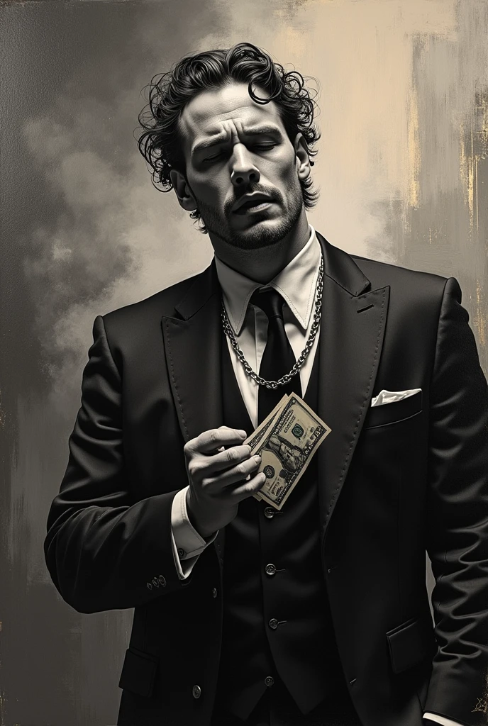 A Tom Hardy struggling for money,Dressed as a young gangster, Oil painting, Watching the sky smoke,eye closeds,Harsh brushstrokes, Dramatic lighting, Intense expression, Determined eyes, Clenched fists, Sweat dripped down his face, Ruffled suit, broken chain, Crumbling dollar bills, Crumbling stock market charts, smoke in the background, Black and white with a touch of gold, Realism. (Best quality, A high resolution, Ultra-detailed), (Realistic:1.37), professional, Vivid colors.