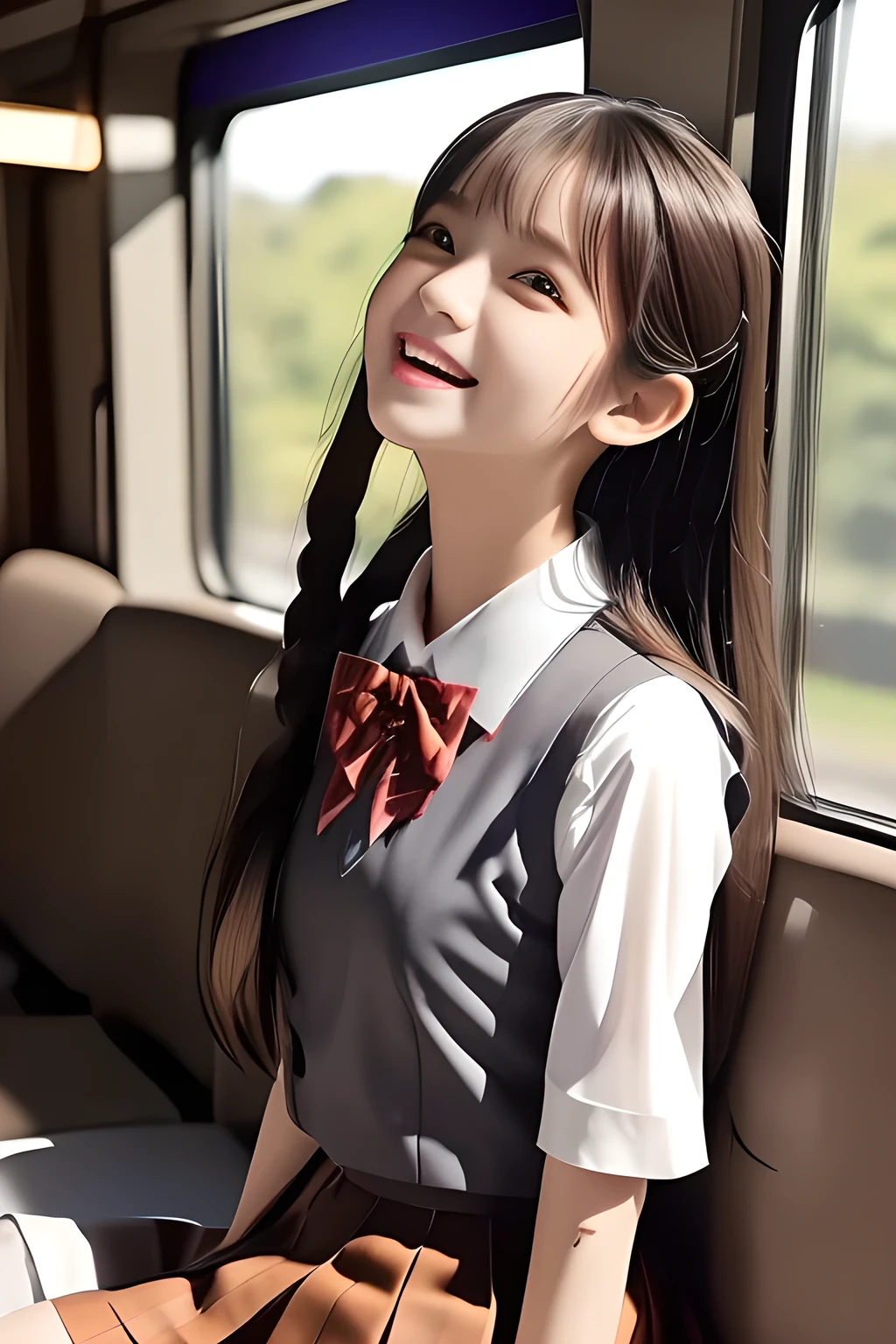 (highest quality, masterpiece, high resolution:1.2), 4K, (Photo quality detailed cute face: 1.4), (Giorgione painting style: 0.8), geometry, ( yo cute girly Japanese girls are seated and looking ME up in a train: 1.4), The girl is a mix of beautiful succubus and Japanese, (The train seats are made from the body of succubus with sailor-school-uniform: 1.2), Laughing cutely, (neat girly white short-sleeves school blouse: 1.0), (puffed short sleeves: 1.0), (Dark red glossy school ribbon on the breast: 1.0), (Gray Japanese school girly vest Uniform: 1.2), (Box-pleated gray short school skirt: 1.2), (Extremely laughing cheeks: 1.0), (Beautiful light-amber cute-dolly large clear eyes with detailed cutely: 1.4), (Long bottom eyelashes: 1.2), (Expressing the greatest joy with her whole body: 1.2), (Glossy lips: 1.0), (Super-straight super-long hair: 1.5), (white and clear skin: 1.0), (Promoting Shampoo: 1.2), (Strong yearning: 1.2)