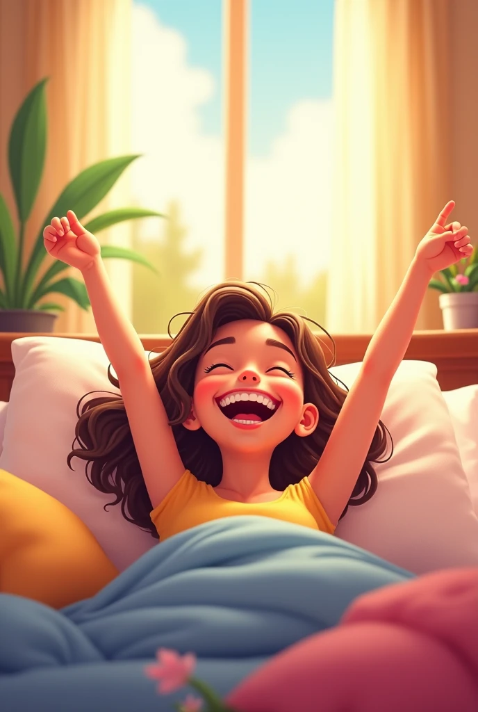 Scene 9: Afternoon Bliss**
- A bright, sunny room. Sara is lying on a Sleepwell mattress, stretching her arms above her head with a big smile, clearly feeling refreshed. Show it from behind her back. Make it a cartoon teen character