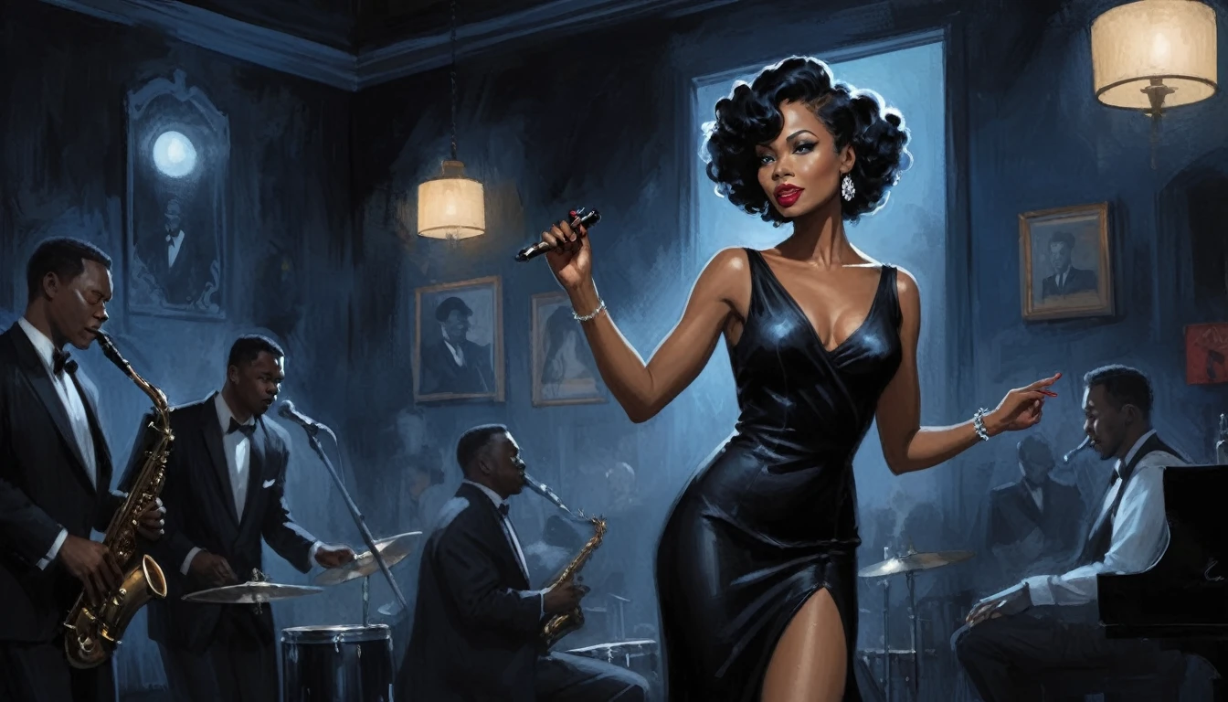 alabama bar, blue note, charismatic, baterist, guitarist, saxophonist, jazz band, black dress, illustration, noir fantasy, singer lady,