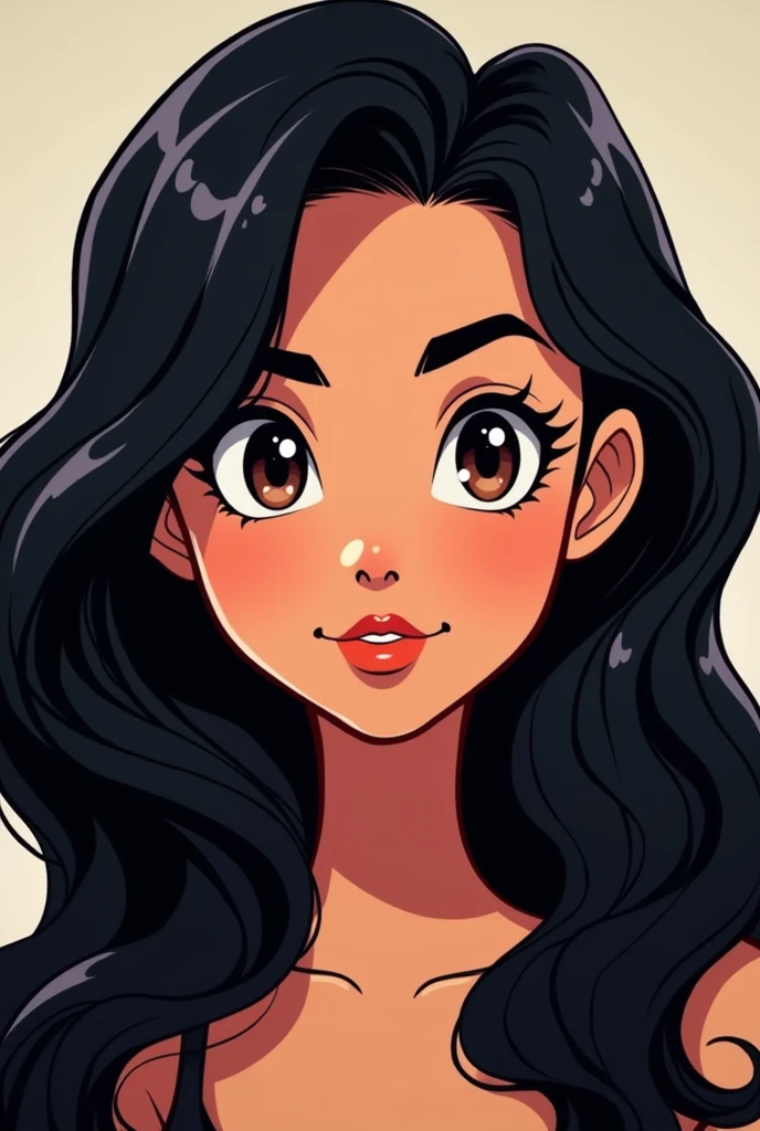 Imagine a woman with dark wavy hair, quite long falling softly over the shoulders. The hair has a subtle shine and well-defined waves, giving an air of movement and fluidity. Eyes are large and expressive, with a shine that highlights its natural beauty of dark brown color. in cartoon form like Teen Titans