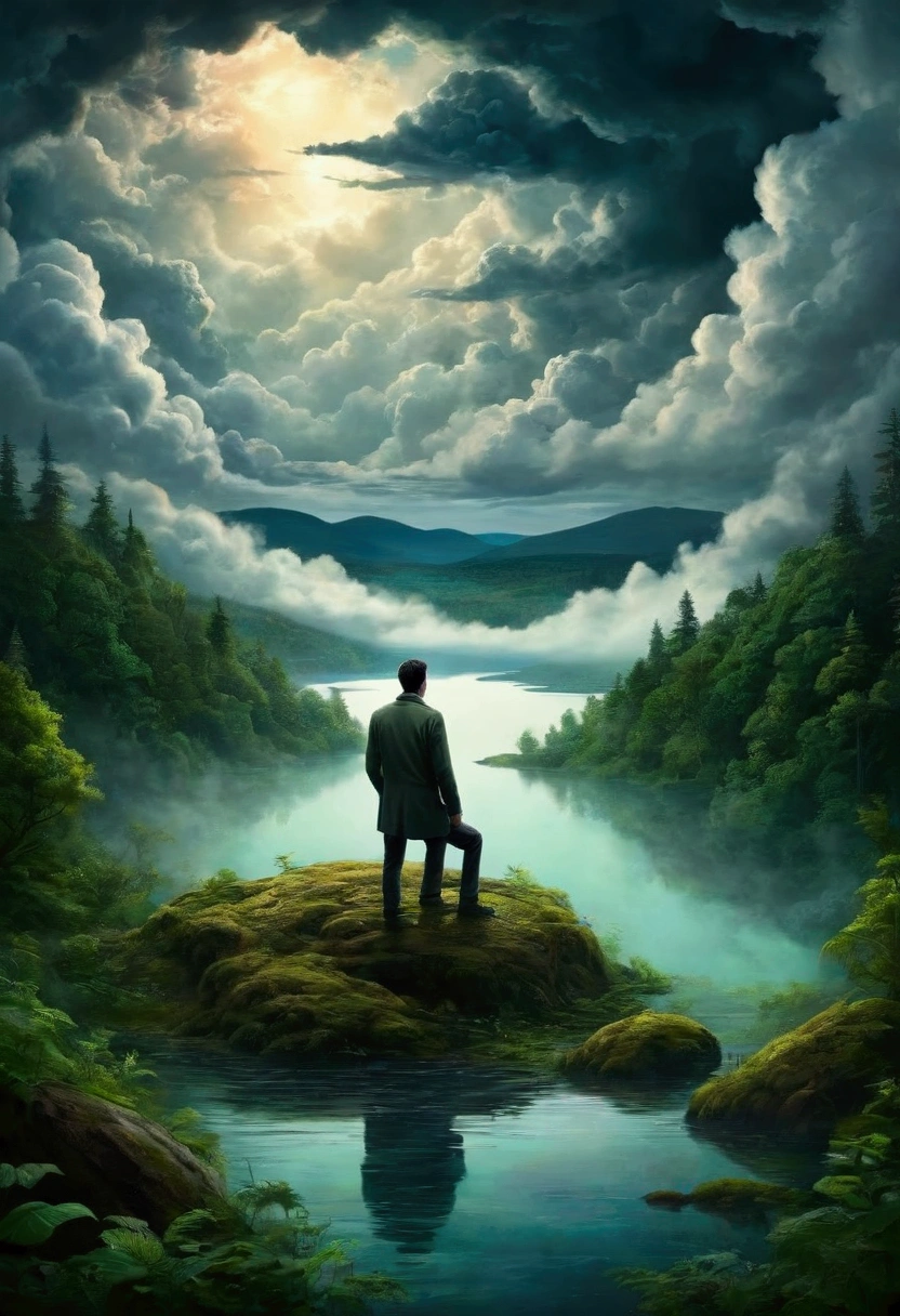 Man back ,Depression,In the forest,There is a lake in a distant place,heavily clouded,Textured clouds