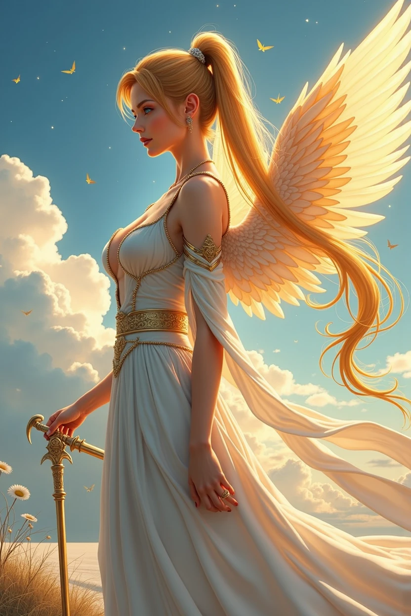 character: A beautiful woman, legendary, ((((realistic oil art, 46-year-old Empress, vibrant look, ((an elf, with golden color hair. she has a pair of huge golden wings behind her, and she holds a silver-white weapon , modest)), perfect body figure, very big breast, very big ass, beautiful face, milf, royal, shine eyes, blue eyes, ponytail long hair style, beautiful skin, naked details: 1girl, masterpiece, extremely detailed, (beautiful detailed glow), lens flare, red flare lens, sun flare, clouds, backlighting, (blue sky) , light from behind, shadow on the figure, sparkling snow ,smile, laughter, standing in the distance, looking at the viewer, full-length , elegance under the sun, hair ornament, movement motion, image look alive, Extremely details hair, fine details, cinematic lighting, beautiful lighting effect, creative design, full body frame, divine aura, hard harmony , sun light, perfect color transition, perfect balance of contrast, perfect color layer, perfectly smooth color blur, soft rendering, smooth color stroke, moon glare, optic lens, moonlight ray, soft colors, smooth colors blend, perfect color rendering, harmony, perfect color harmony, beautiful color, soft harmony, light particles, perfect details, intricate details, color prism, fine details, refine details, different view point))), Tachibana Omina art style, affectionate eyes, half a smile, slightly open mouth, a gentle expression on his face, serene scenery of flower under the snow, snow flake floating around, calm, breeze, sun, lake, reflection, in the background, butterflies in the sky, realism, ((Best quality))),8k,((Masterpiece)),(Extremely refined and beautiful)