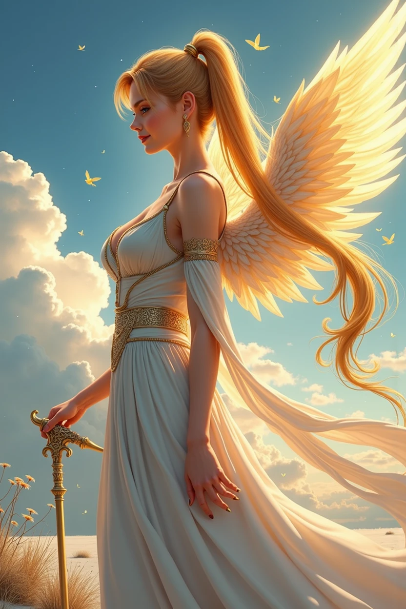 character: A beautiful woman, legendary, ((((realistic oil art, 46-year-old Empress, vibrant look, ((an elf, with golden color hair. she has a pair of huge golden wings behind her, and she holds a silver-white weapon , modest)), perfect body figure, very big breast, very big ass, beautiful face, milf, royal, shine eyes, blue eyes, ponytail long hair style, beautiful skin, naked details: 1girl, masterpiece, extremely detailed, (beautiful detailed glow), lens flare, red flare lens, sun flare, clouds, backlighting, (blue sky) , light from behind, shadow on the figure, sparkling snow ,smile, laughter, standing in the distance, looking at the viewer, full-length , elegance under the sun, hair ornament, movement motion, image look alive, Extremely details hair, fine details, cinematic lighting, beautiful lighting effect, creative design, full body frame, divine aura, hard harmony , sun light, perfect color transition, perfect balance of contrast, perfect color layer, perfectly smooth color blur, soft rendering, smooth color stroke, moon glare, optic lens, moonlight ray, soft colors, smooth colors blend, perfect color rendering, harmony, perfect color harmony, beautiful color, soft harmony, light particles, perfect details, intricate details, color prism, fine details, refine details, different view point))), Tachibana Omina art style, affectionate eyes, half a smile, slightly open mouth, a gentle expression on his face, serene scenery of flower under the snow, snow flake floating around, calm, breeze, sun, lake, reflection, in the background, butterflies in the sky, realism, ((Best quality))),8k,((Masterpiece)),(Extremely refined and beautiful)