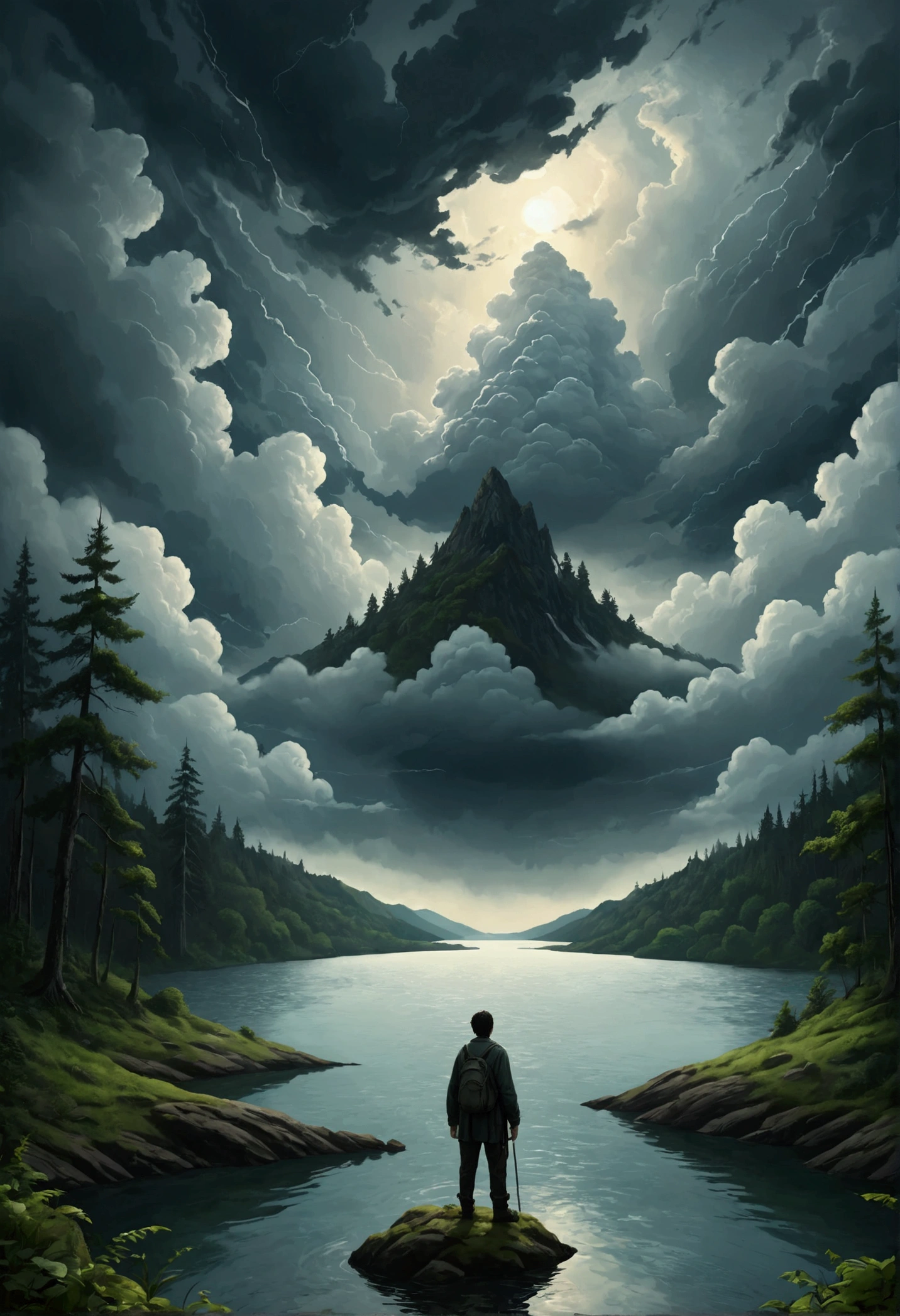 Man back ,Depression,In the forest,There is a lake in a distant place,heavily clouded,Textured clouds
