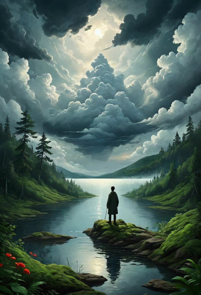 Man back ,Depression,In the forest,There is a lake in a distant place,heavily clouded,Textured clouds
