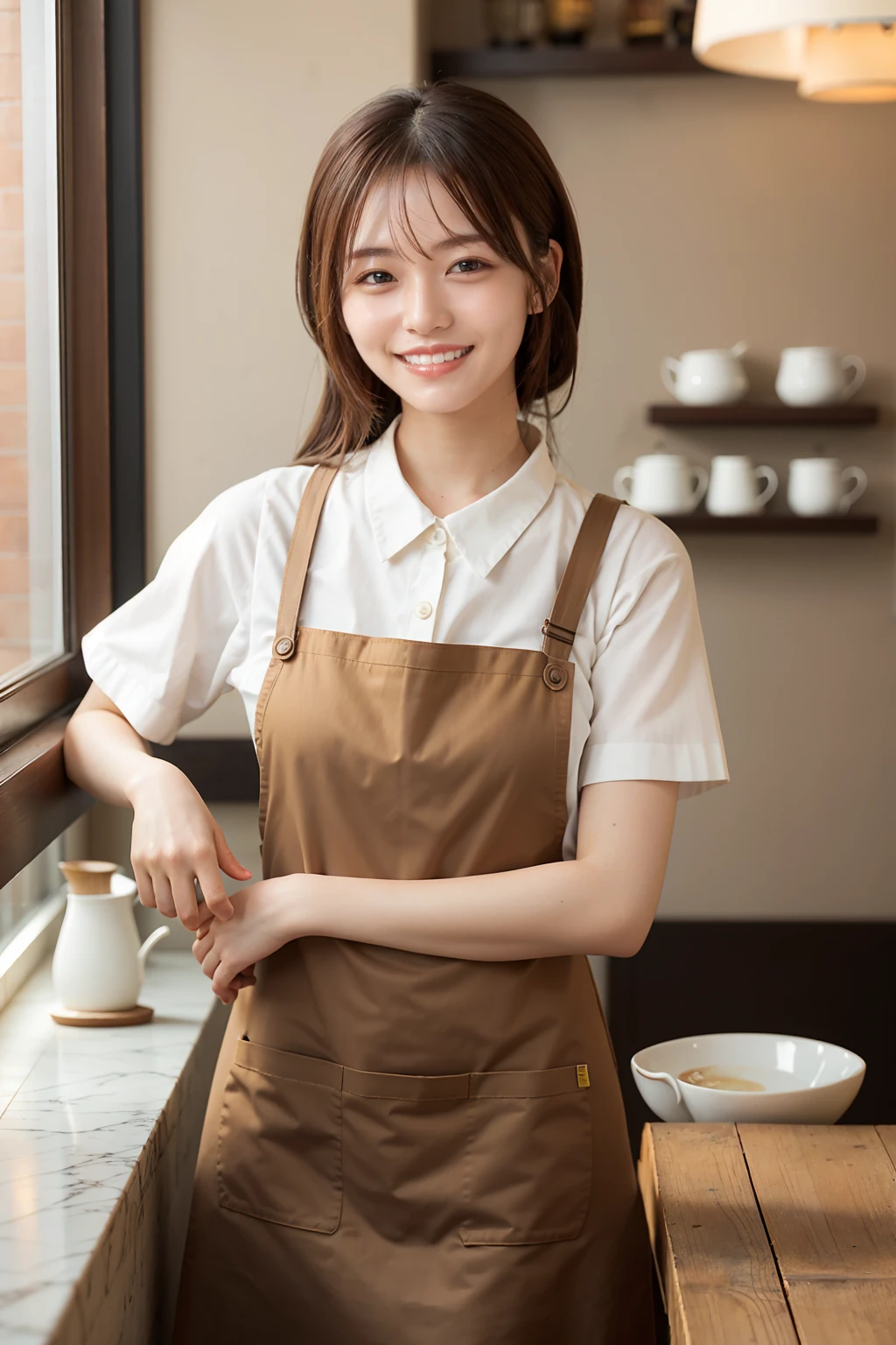 (Highest quality、Tabletop、8k、Best image quality、Award-winning works)、Woman working in a café、(The perfect brown apron:1.1)、(The perfect brown apron:1.1)、(wide々She is standing elegantly in a modest cafe..:1.3)、(A classy shirt and apron:1.1)、(Big Breasts:1.1)、(Accentuate your body lines:1.1)、Beautiful woman portrait、The most elegant and cozy cafe、The most natural cafe, Perfectly organized、The most atmospheric and warm lighting、Stylish and elegant cafe、Strongly blurred background、Look at me and smile、(Accurate anatomy:1.2)、Ultra high resolution perfect beautiful teeth、Ultra-high definition beauty face、Ultra HD Hair、Ultra HD The Shining Eyes、The Shining, Super high quality beautiful skin、Super high quality glossy lip