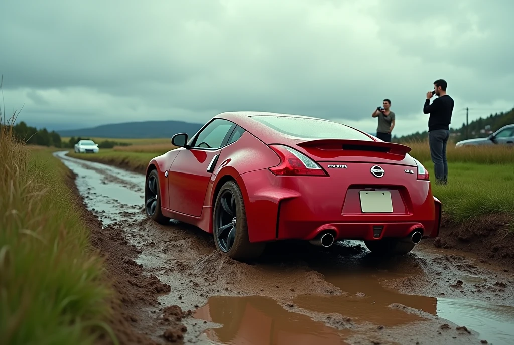 A high-resolution tilted rear-view photograph capturing the moment of a stunning pretty lady attempting to navigate her red Nissan 370Z up a treacherous, muddy hill. The car's rear wheels spin furiously, deeply submerged in the mud, while the pristine shiny front wheels remain stationary, emphasizing the futile situation. The driver's frustration and embarrassment are palpable through the closed car window. An onlooker captures her predicament, while a man in casual attire disregards her struggle. The rural countryside backdrop features a grassy roadside, parked cars, and a backdrop of overcast clouds, greenery, and small hills. The zoomed-in shot and side perspective create a captivating impact, emphasizing the driver lady's dark makeup face with unease expression through the car window.