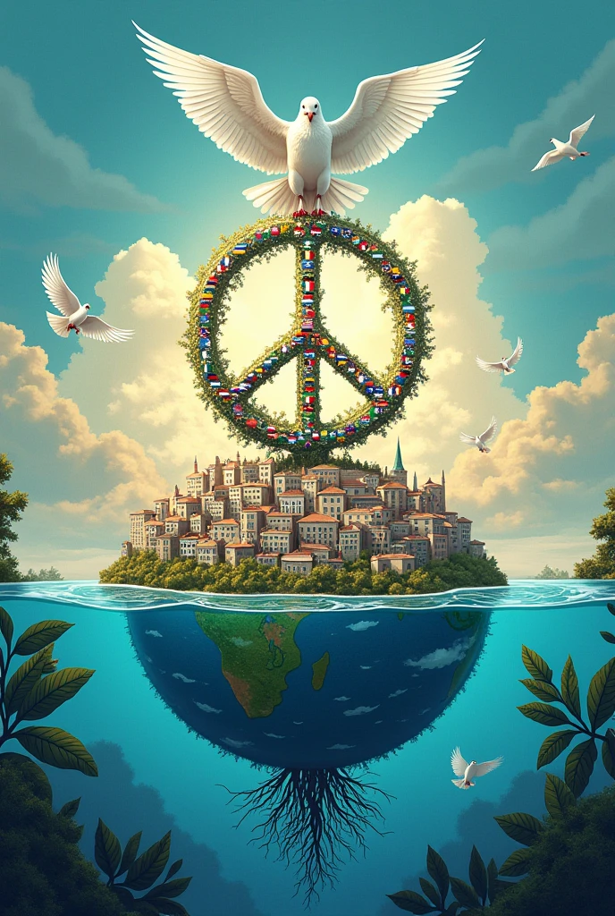 world peace A city full of music Peace sign with national flag pattern The joy of connection The Wings of Love Pigeons Olive leaves Spreading Roots Earth Simple picture