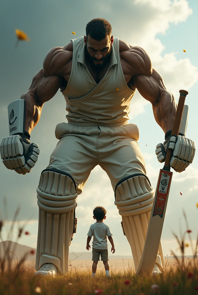 A boy in the world and fighting with a big cricket player 
