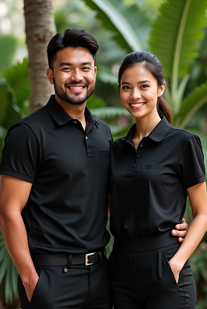 I would like a waiter and waitress in a black polo shirt, with a background of tropical plants.