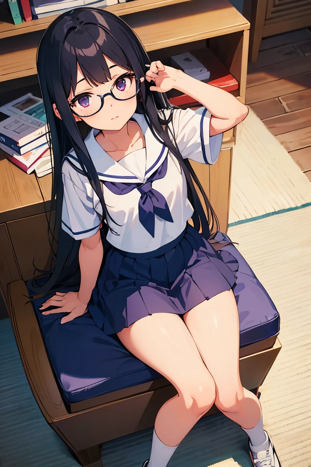 Elementary school girl　8-year-old　Flat Chest　Black Hair　Long Hair　Purple eyes　1 person　Glasses　Short-sleeved sailor suit　Navy blue mini skirt　White panties　White socks　sneakers　School Library　Crouching　Dynamic Angle　Low Angle