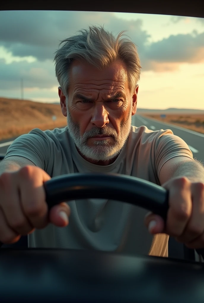 Generate a picture of a guy driving on a highway with his car and he is tensed