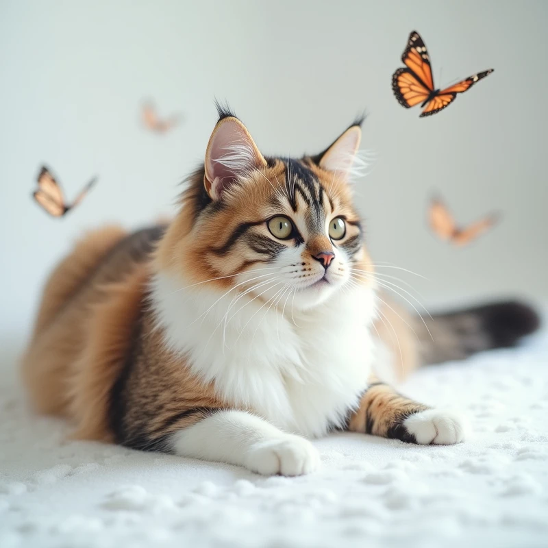 White orange black cat beautiful fur with open eyes on foam with white background with butterfly around the cat
