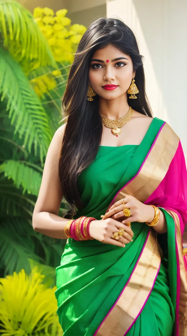 wear designer printed Saree and strapless blouse, a bindi on the center of the forehead, green saree and black blouse, full body covered in clothes, Indian temples in background, flower basket, very well dressed, going to temple for prayers, golden heavy jewellery, very beautiful 25 year old indian girl, full body photo, mehendi in hands, random hair style, holding Puja plate with Puja items for lord Shiva, lord Shiva temple in background, jewelry, gem, necklace, necklace set, tika, vermilion, nathiya, ear rings, mangalsutra, golden haar, gold bracelet, anklets, thick lips, holding flower basket for Puja in hand, skindentation, parted lips, full body photo from front, beautiful face, beautiful body, (detailed eyes), ulzzang-6500-v1.1, thick eyelashes, long eyelashes, random hair style, broad light, backlighting, bloom, light sparkles, chromatic aberration, sharp focus, Nikon Z 85mm, unparalleled masterpiece, ultra-realistic 8k photos, best quality masterpiece, best quality,
