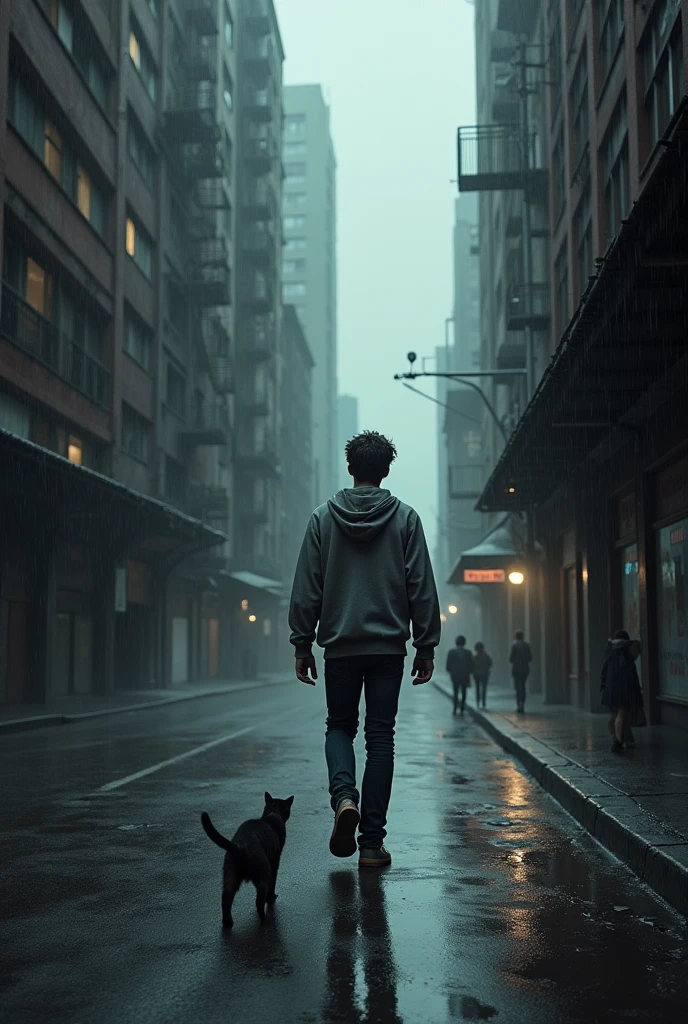 A Young slender man with a hoodie and jeans, walking away down a street, in a dark city , rainy day, in the morning light, with high degraded buildings, a cat running to a garbage dumpster, some people walking around.
