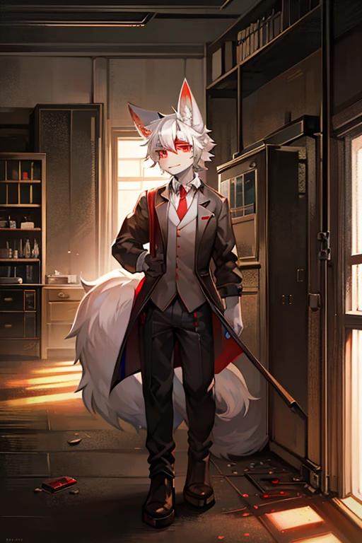 masterpiece,A researcher,Wolf ears,Fox tail,male,White hair,Red eyes,indifferent,Dilapidated laboratory,Strabismus,