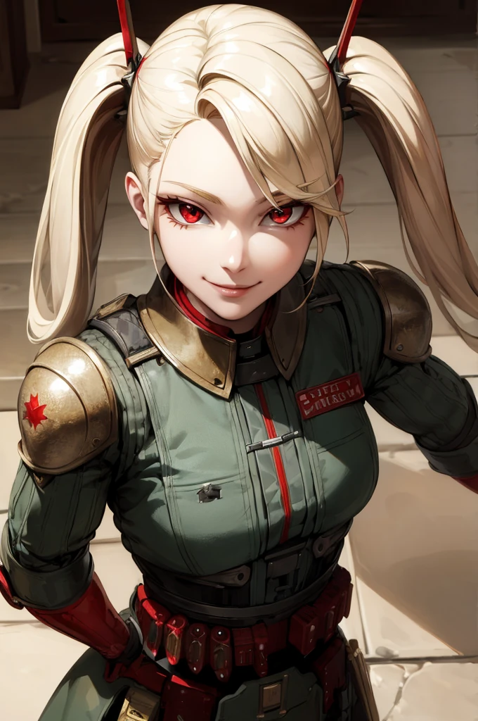 ((Highest quality)), ((masterpiece)), (detailed),Perfect Face,blonde,Red eyes,Fair skin,Armament,Gunfight,army,From above,Wicked Smile、Twin tails、