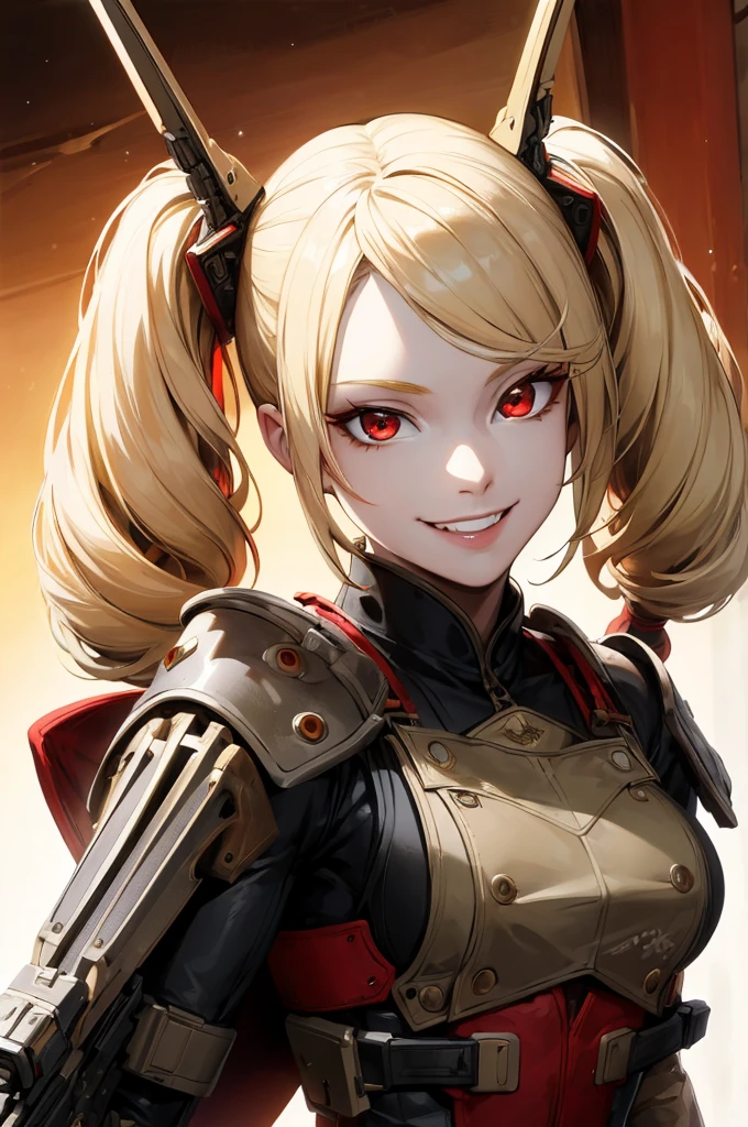 ((Highest quality)), ((masterpiece)), (detailed),Perfect Face,blonde,Red eyes,Fair skin,Armament,Gunfight,army,From above,Wicked Smile、Twin tails、