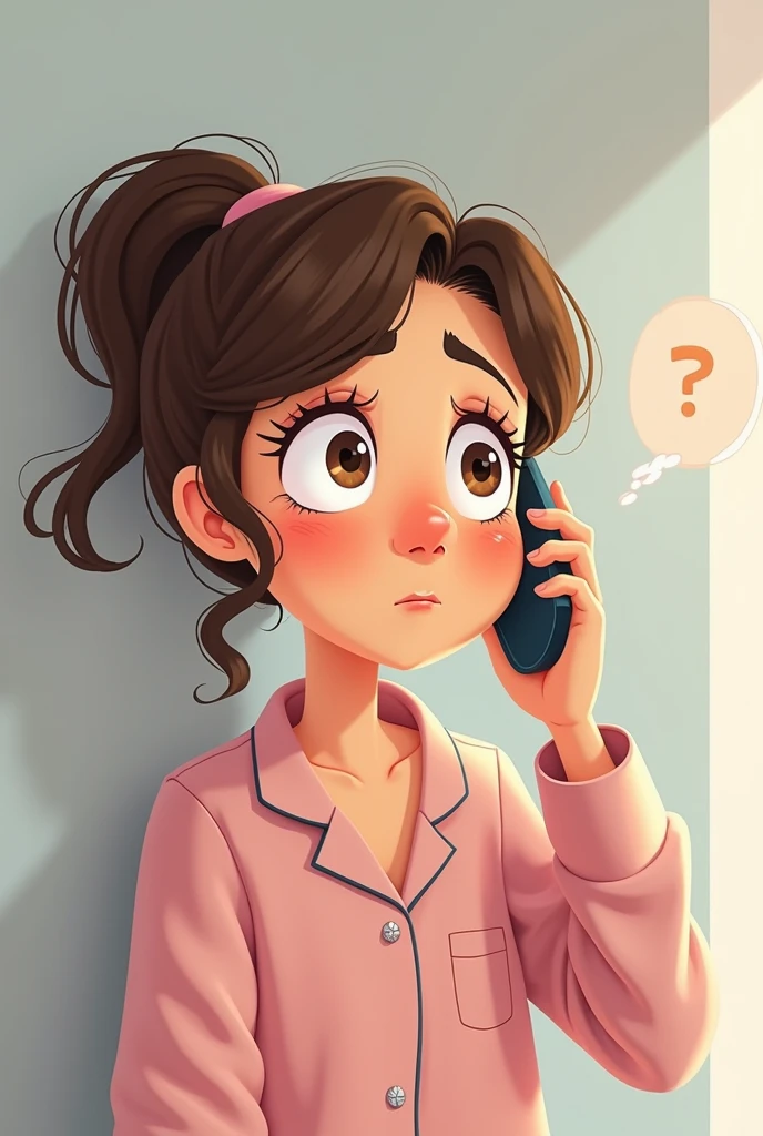 Scene 2: Phone Call with Mom**
- **Visual Description**: A close-up shot of Sara, still in her pajamas, with messy hair and tired eyes, holding her phone to her ear. You can show a speech bubble with her saying, "I’m not getting enough sleep, Mom."
. Use same character as last use cartoon cartoon character as sara