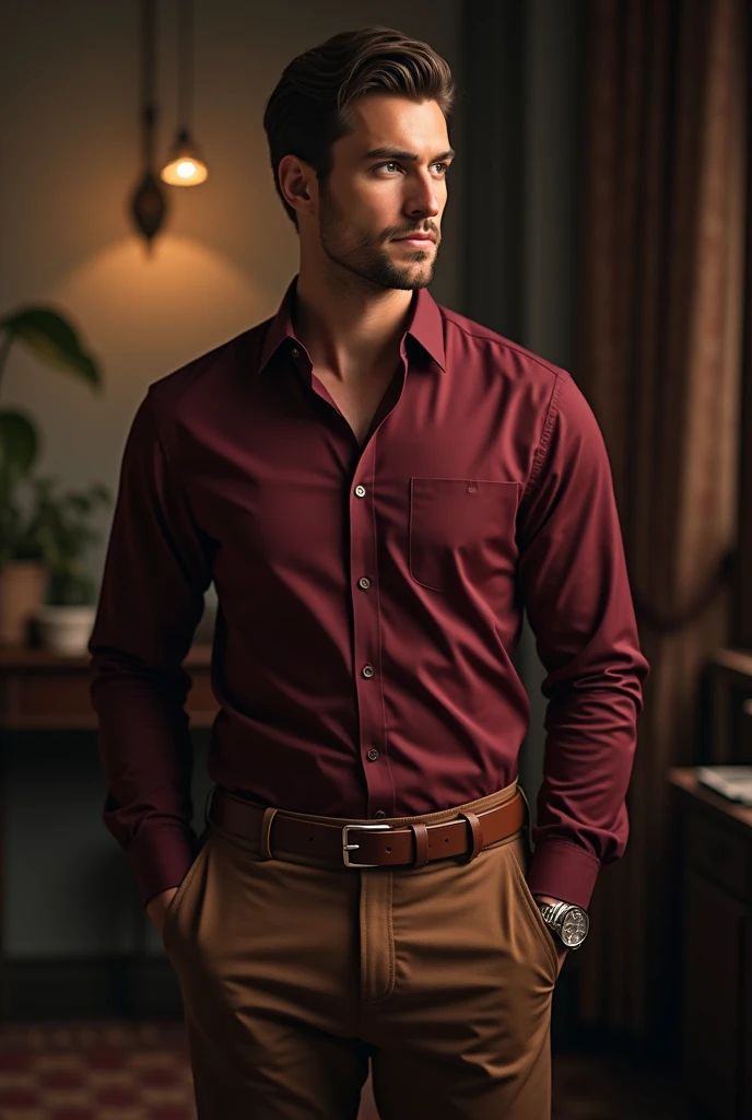 Man with wine-colored shirt and brown pants