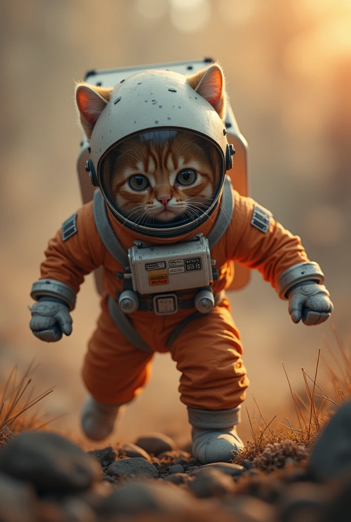 Photographic ultra-realistic Cat in a spacesuit Crouching Style ((Punch to the ground)) Armageddon