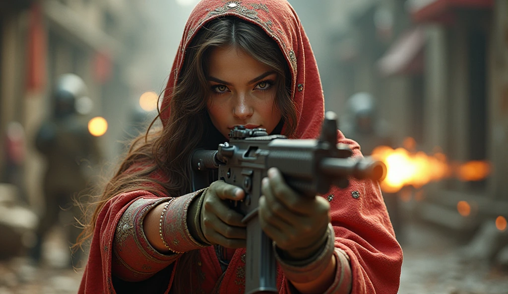 beautiful girl, beautiful breasts, warhammer 40000, shoots, boltgun