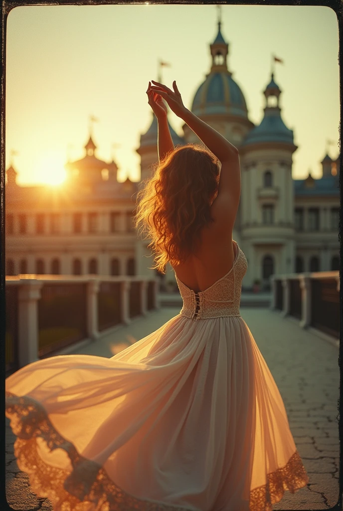 View from behind, Cinderella princess, wearing a dress , wind blowing up dress, revealing lace thong panties, , outside palace, sunset, Polaroid, Kodak portra 400, dof 85mm, arms on head, 