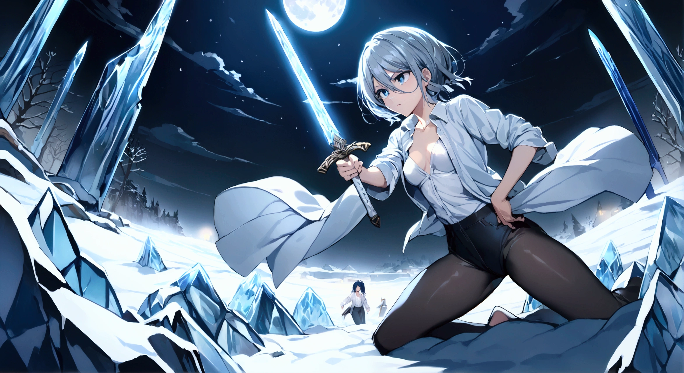 ((Highest quality)),((Very detailed)),(((Sword in both hands))),((Pale-white shining sword,Two-Way)), ((Open shirt)),((Night Town)), ((Blue mesh on hair)),masterpiece, Detailed face,Beautiful Face, Angle from below, (Fighting), ((ice,snow)),(Long-legged white shirt),((One girl)),((Blue Eyes,Dynamic pose)) , Rukia, Gray Hair, short hair, Hair between the eyes, Purple eyes, Small breasts,cold,I can see your pants,Shining Moon