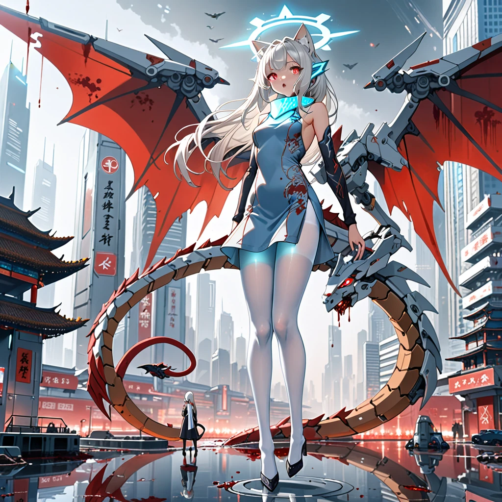 masterpiece, highest quality, highest resolution, clear_image, detailed details, white hair, long hair, 1 girl, cat ears, red eyes, futuristic dragon wings, futuristic halo, gray sci fi mecha china dress, white scarf (around the neck withn a light blue glow), white pantyhose, full body, no water marks, city, blood coming out of mouth