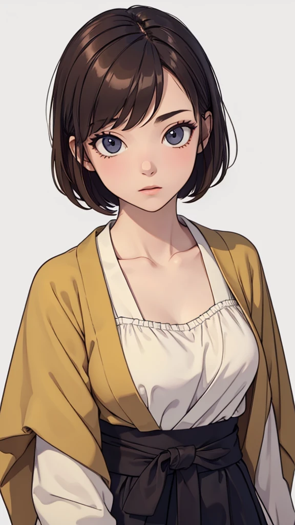 (((masterpiece, best quality, ultra highres, 1 girl, solo, no background))), super detailed skin and face and eyes and finger, beautiful japanese woman, small breasts:1.5, skinny, light brown hair, very short pixie hair, cowboy shot, The background should be simple, outline, anime, 2d, boyish, expressionless, cartoon, dancer,