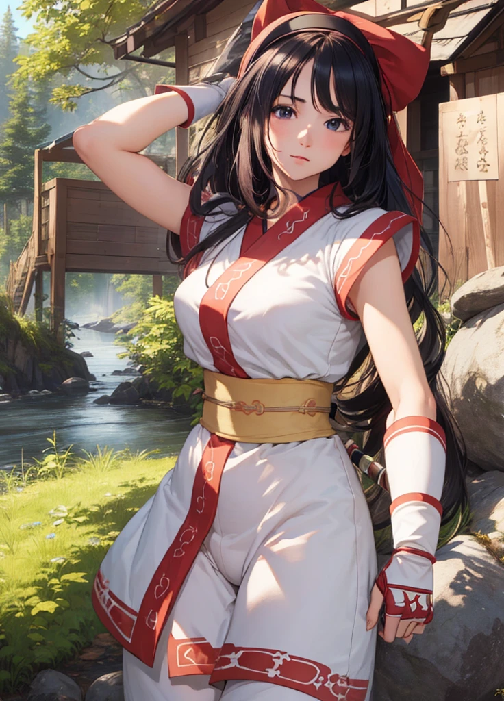 (masterpiece, best quality, high resolution, unity 8k wallpaper, extremely detailed CG:1), (illustration:1.0), 1girl,solo, nakorurums , bow, hairband, ainu clothes, fingerless gloves , short sleeves