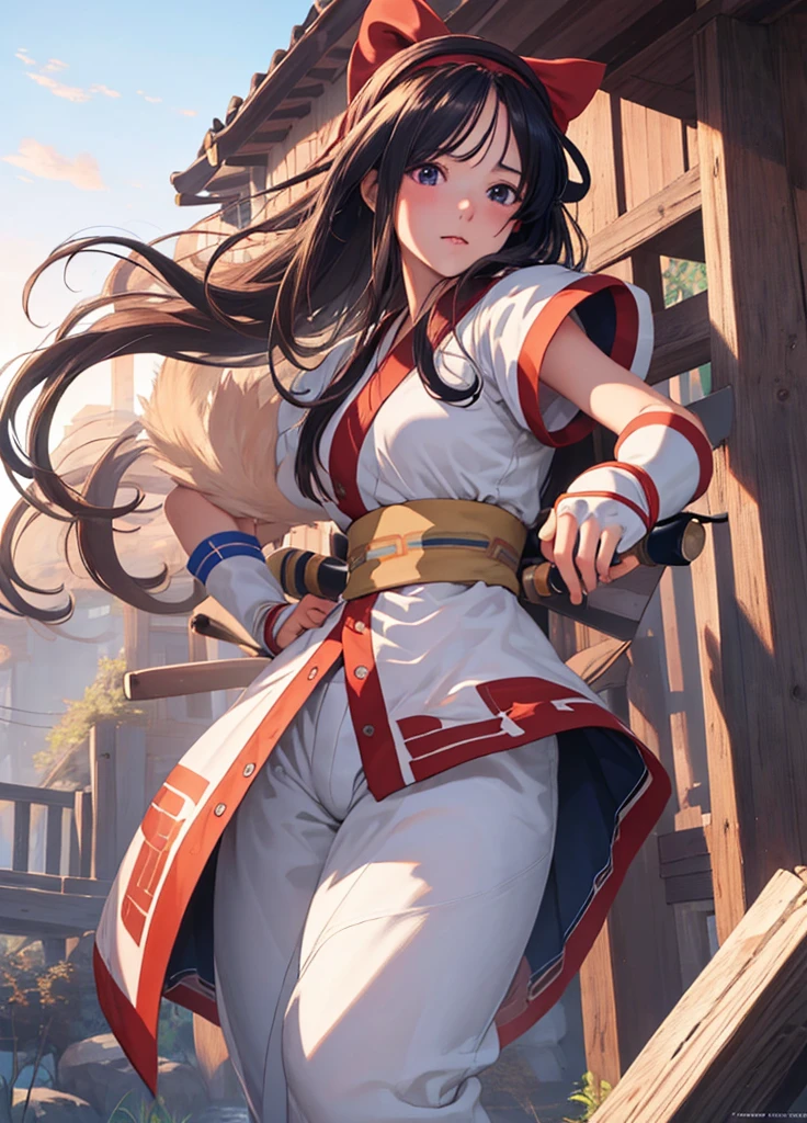 (masterpiece, best quality, high resolution, unity 8k wallpaper, extremely detailed CG:1), (illustration:1.0), 1girl,solo, nakorurums , bow, hairband, ainu clothes, fingerless gloves , short sleeves