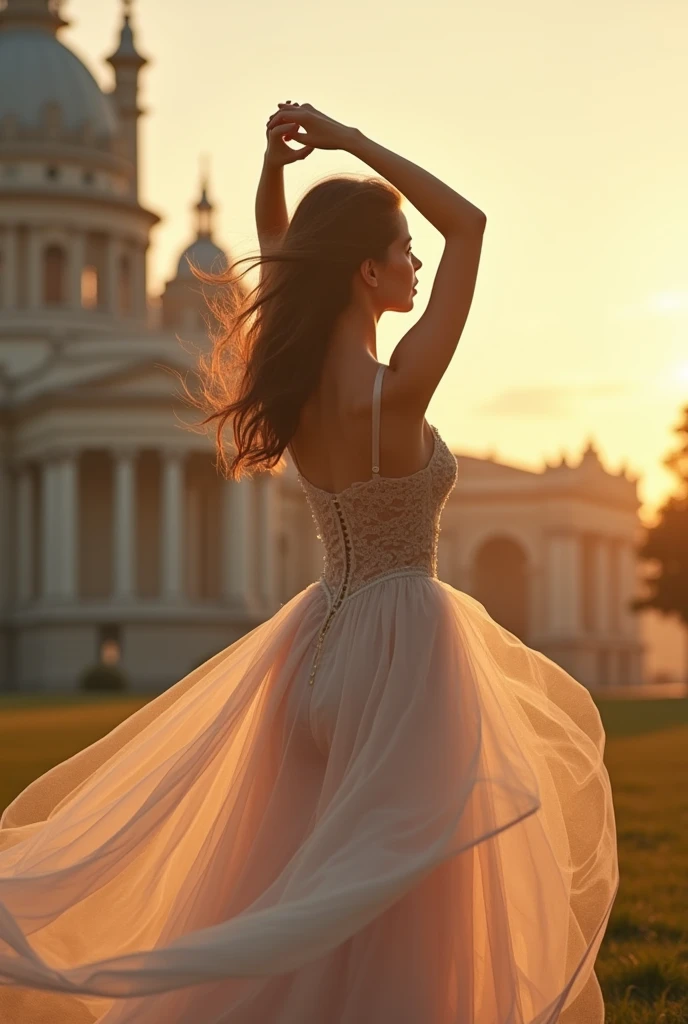 Cinderella princess, wearing a dress , wind blowing up dress, revealing lace thong panties, , outside palace, sunset, Polaroid, Kodak portra 400, dof 85mm, arms on head, height 1.75, weight 90 kilogrammes