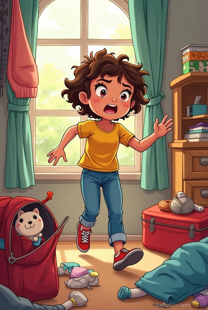 Scene 5: Packing to Go Home**
- **Visual Description**: A busy shot of Sara frantically packing her bag. Clothes and books are scattered around her room, and she has a determined look on her face.
. Use same character as last use cartoon cartoon character as sara